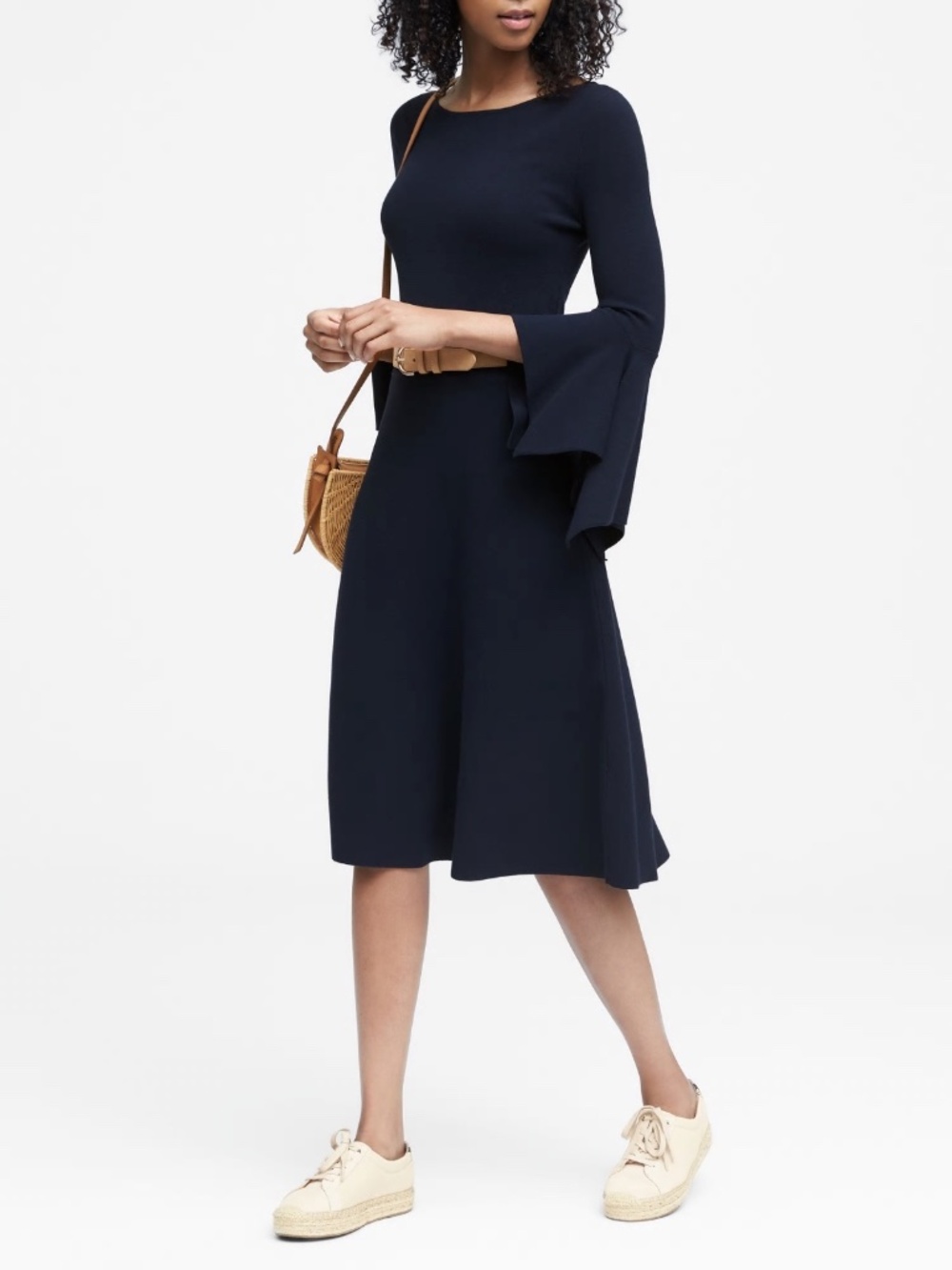 Banana Republic Navy Blue Knit Fit Flare Handkerchief Bell Sleeve Midi Dress S